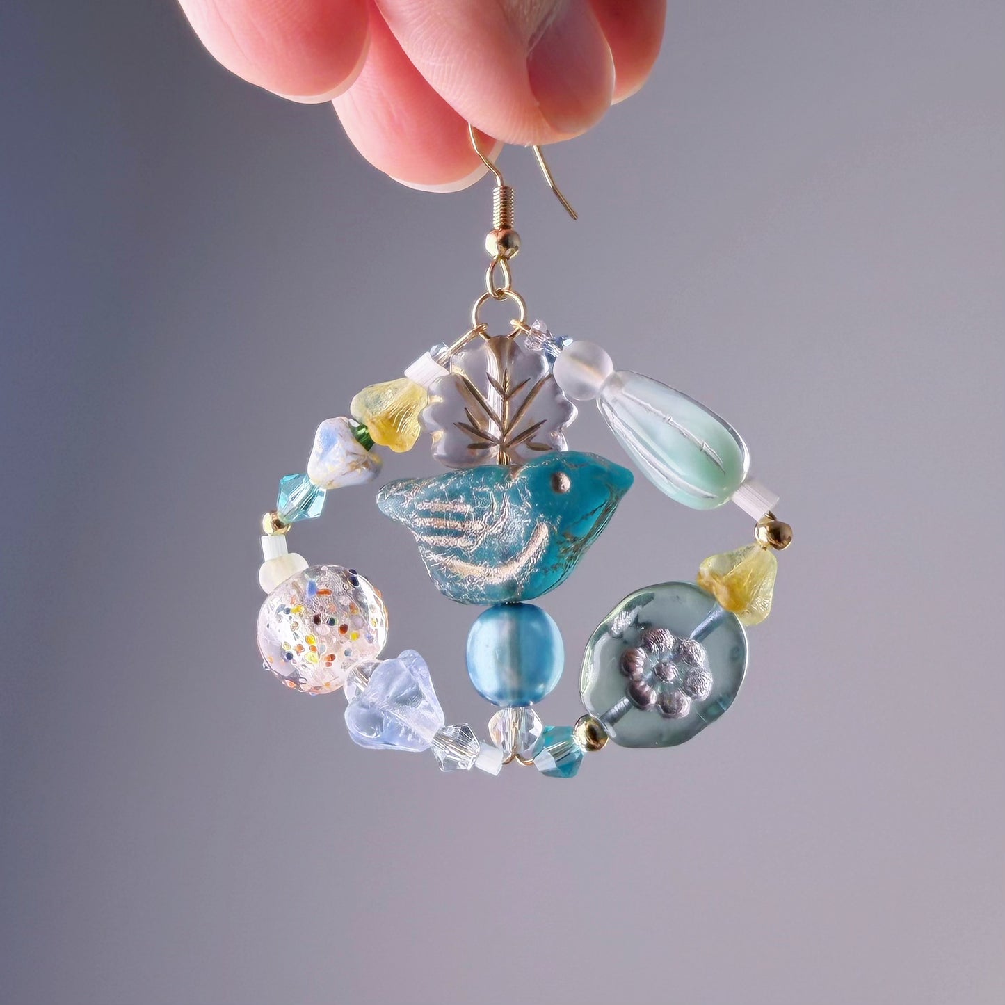 Handmade Blue Robin Bird and Flowers Glass Beads Hoop Earrings