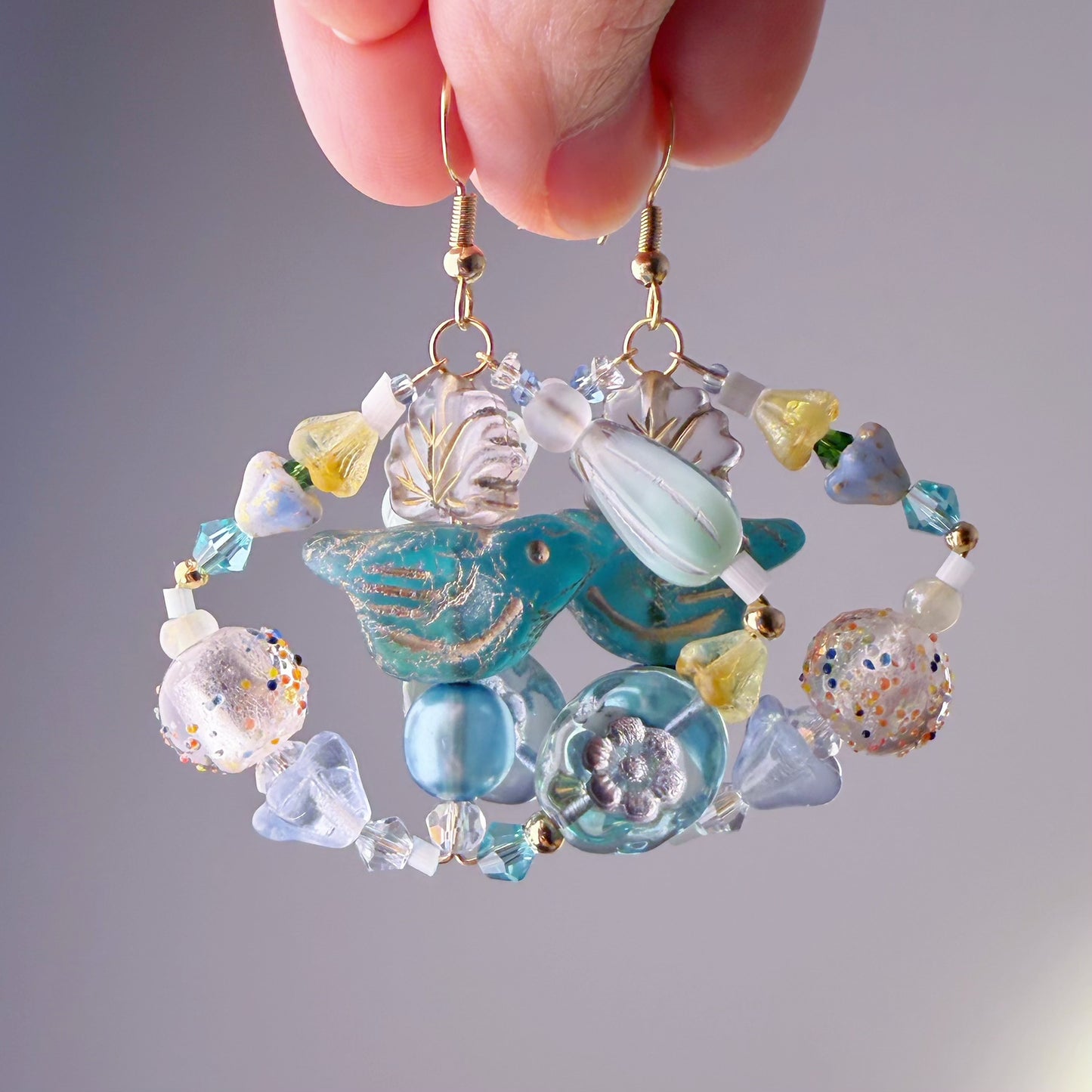 Handmade Blue Robin Bird and Flowers Glass Beads Hoop Earrings