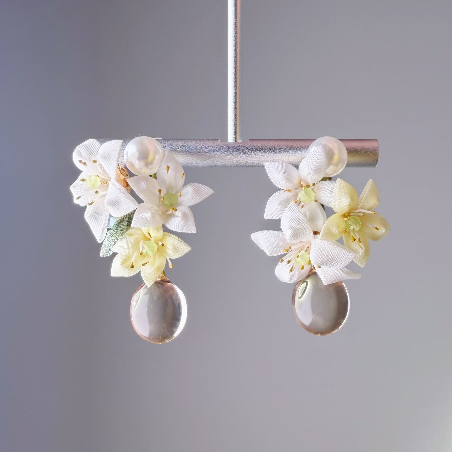 White and Yellow Lily with Clear Water Drop Fabric Flowers Earrings