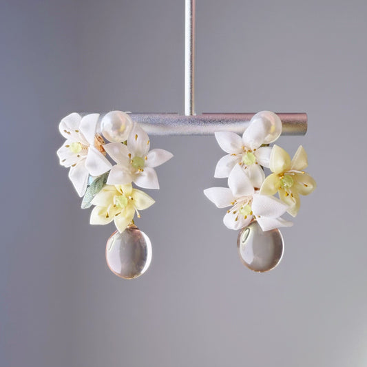 White and Yellow Lily with Clear Water Drop Fabric Flowers Earrings