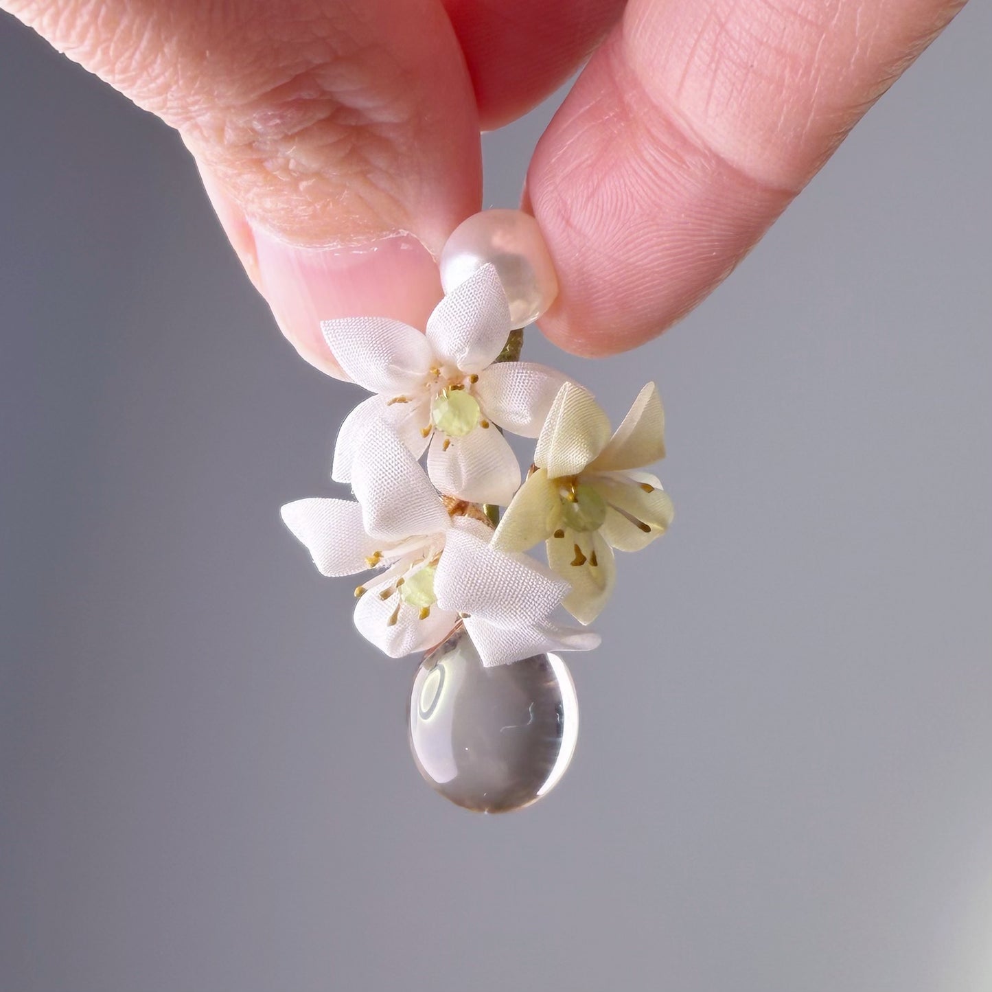 White and Yellow Lily with Clear Water Drop Fabric Flowers Earrings