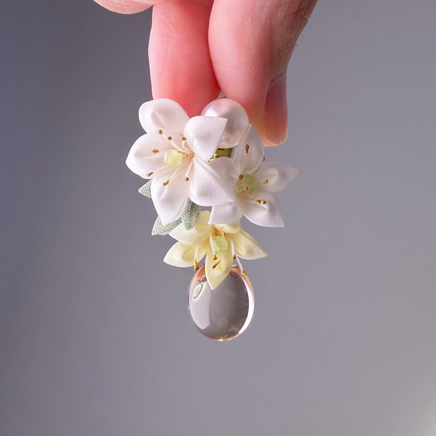 White and Yellow Lily with Clear Water Drop Fabric Flowers Earrings