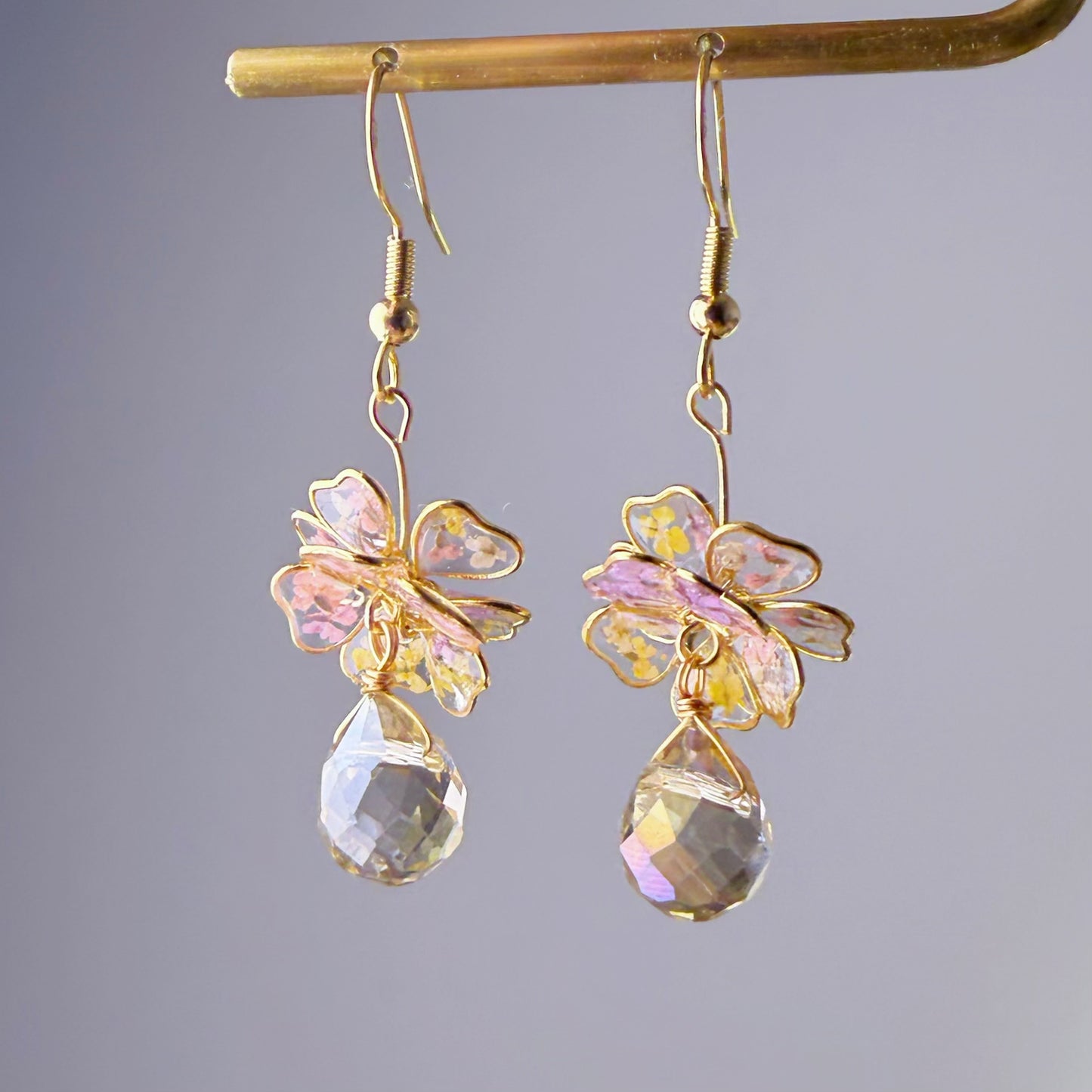 Handmade Pink and Yellow Pressed Flowers in Resin Drop Earrings