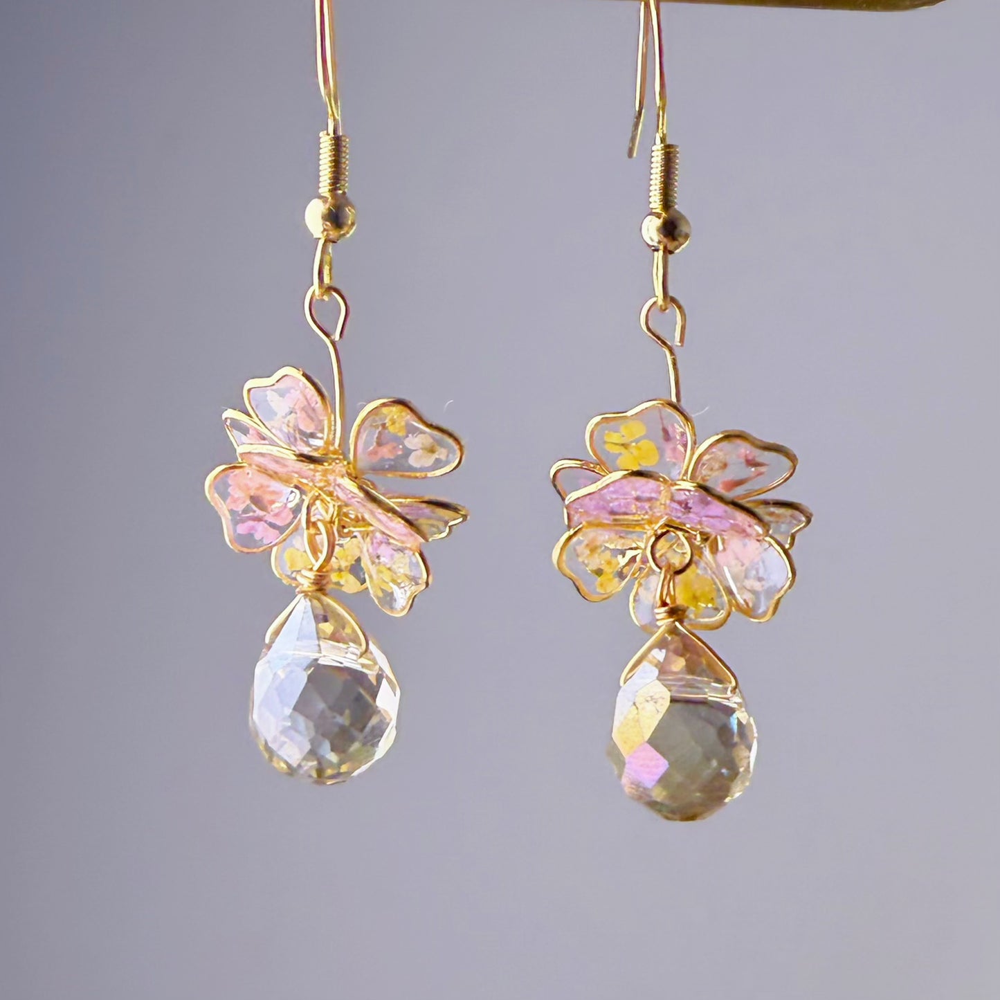 Handmade Pink and Yellow Pressed Flowers in Resin Drop Earrings