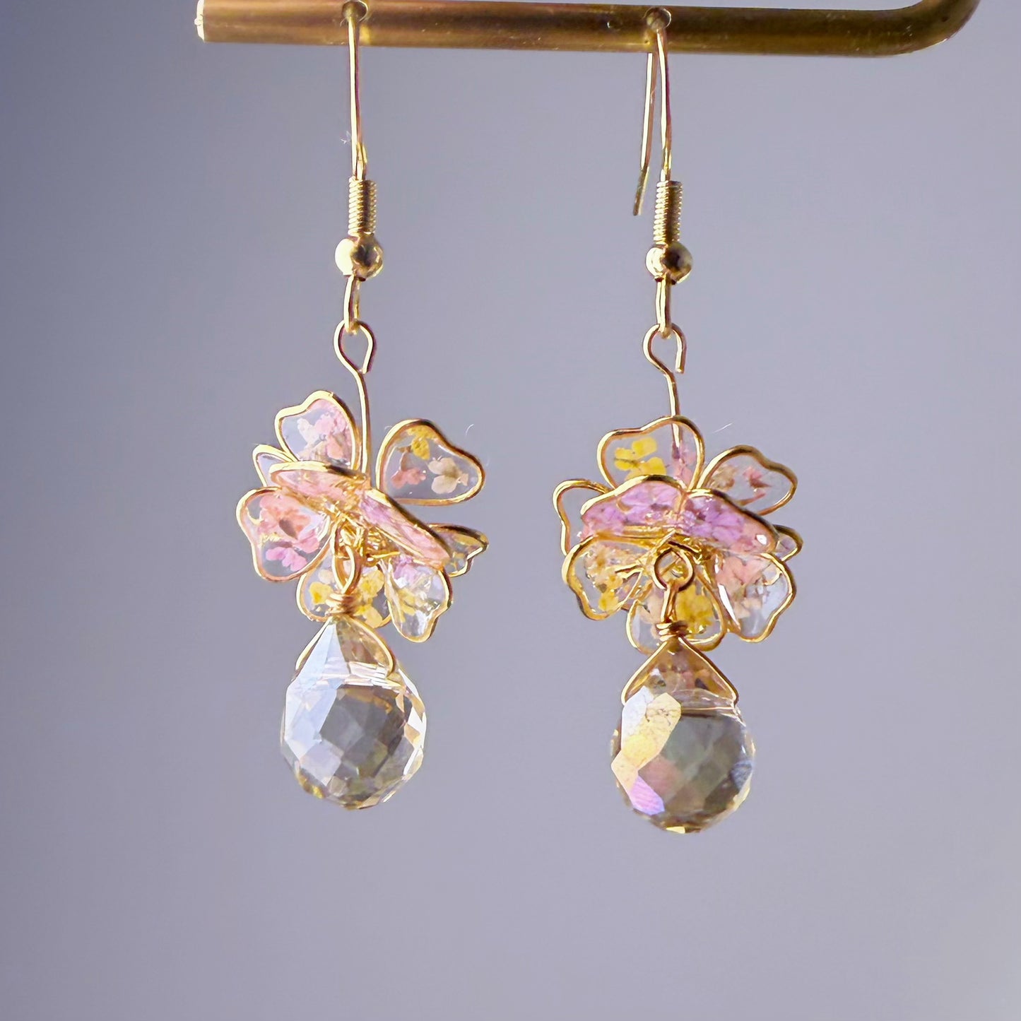 Handmade Pink and Yellow Pressed Flowers in Resin Drop Earrings