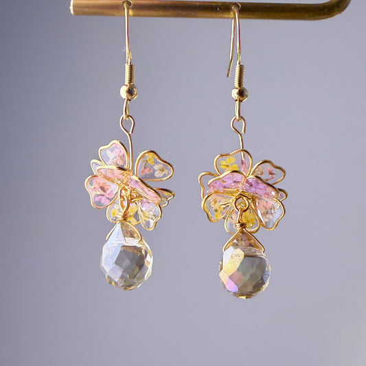 Handmade Pink and Yellow Pressed Flowers in Resin Drop Earrings