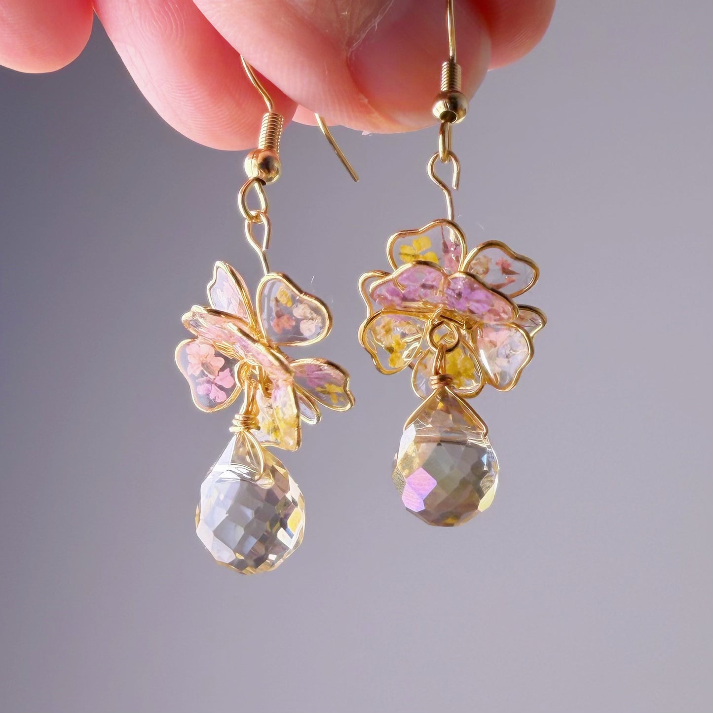 Handmade Pink and Yellow Pressed Flowers in Resin Drop Earrings