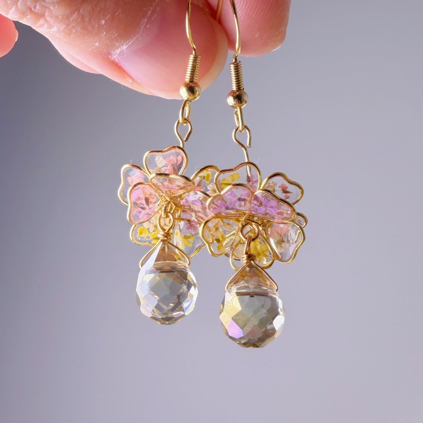 Handmade Pink and Yellow Pressed Flowers in Resin Drop Earrings