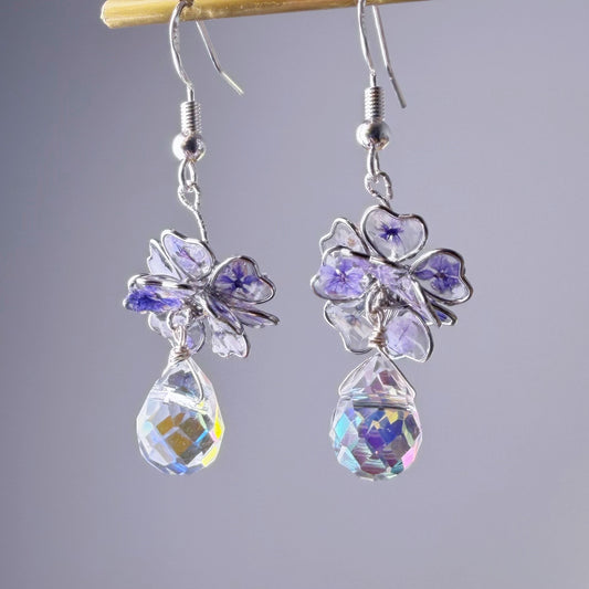 Handmade Blue Purple Pressed Flowers in Resin Drop Earrings