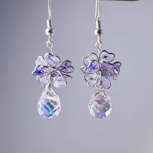 Handmade Blue Purple Pressed Flowers in Resin Drop Earrings