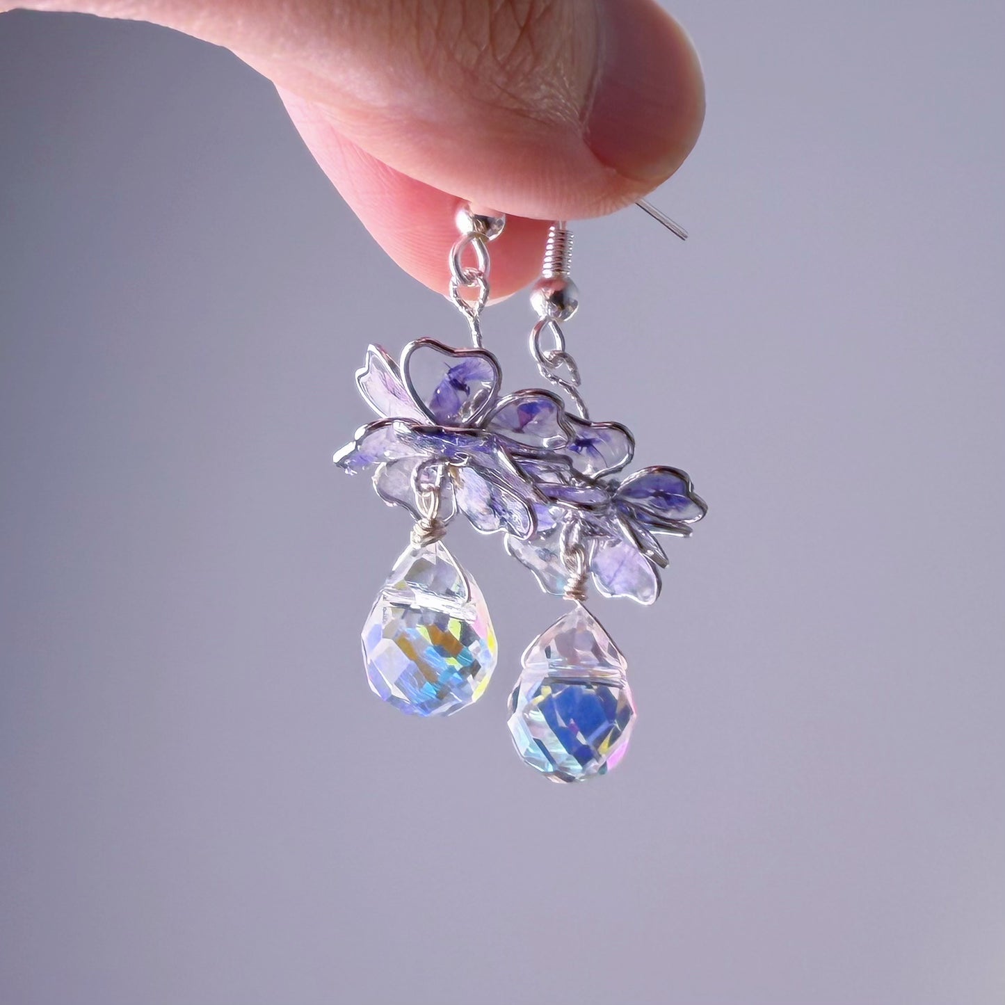 Handmade Blue Purple Pressed Flowers in Resin Drop Earrings