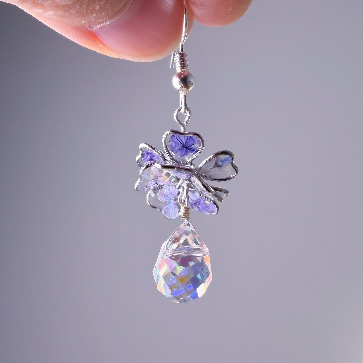 Handmade Blue Purple Pressed Flowers in Resin Drop Earrings
