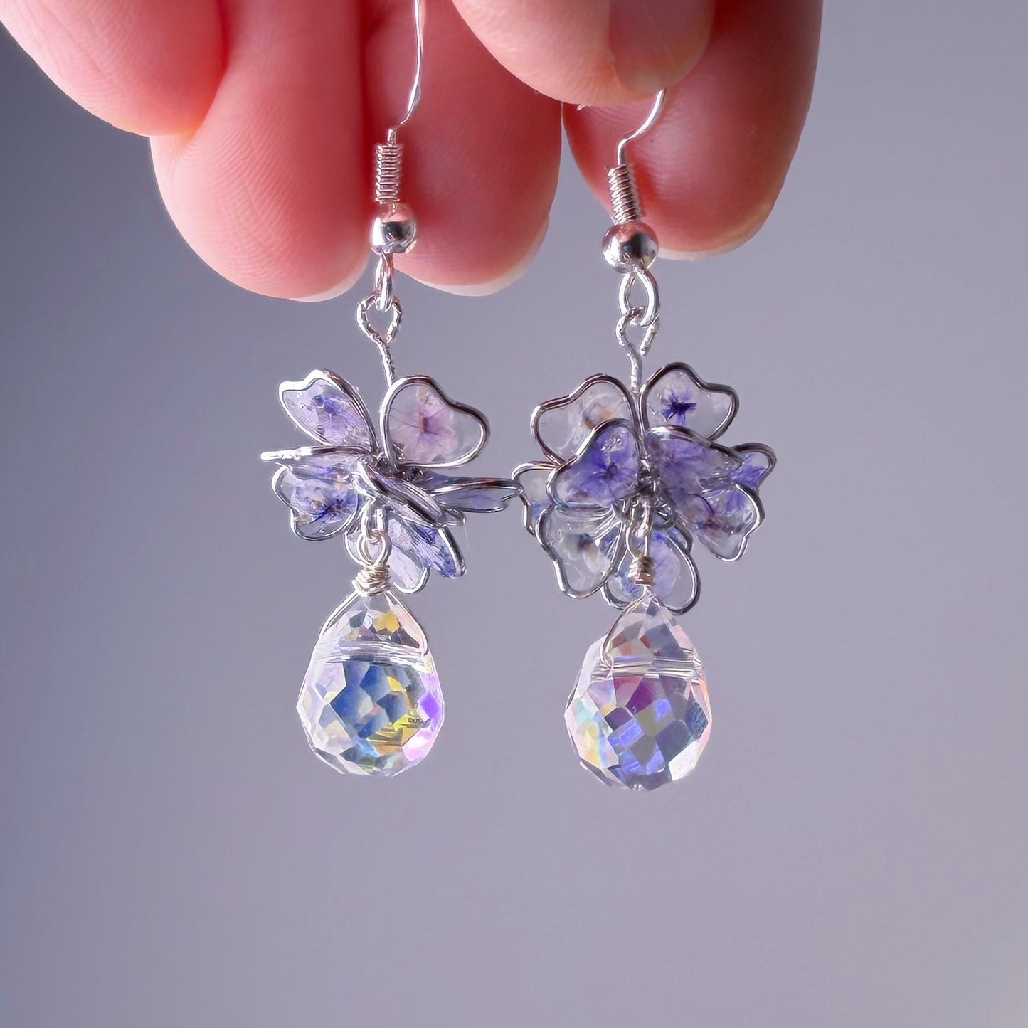 Handmade Blue Purple Pressed Flowers in Resin Drop Earrings