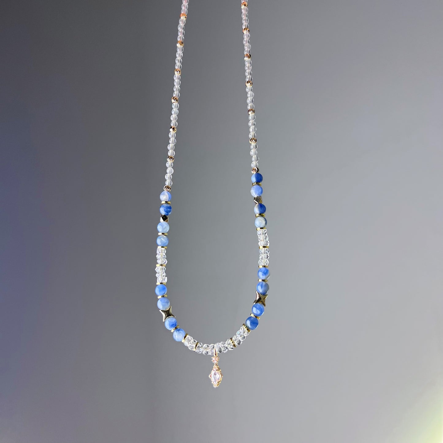 Kyanite and Clear Quartz with Diamond Shape Pendant Crystal Necklace-Ninaouity