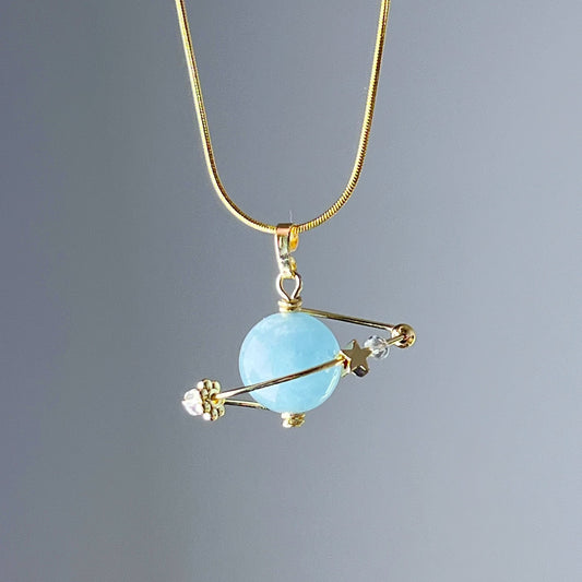 Aquamarine Planet and Star Pendant Necklace-Ninaouity