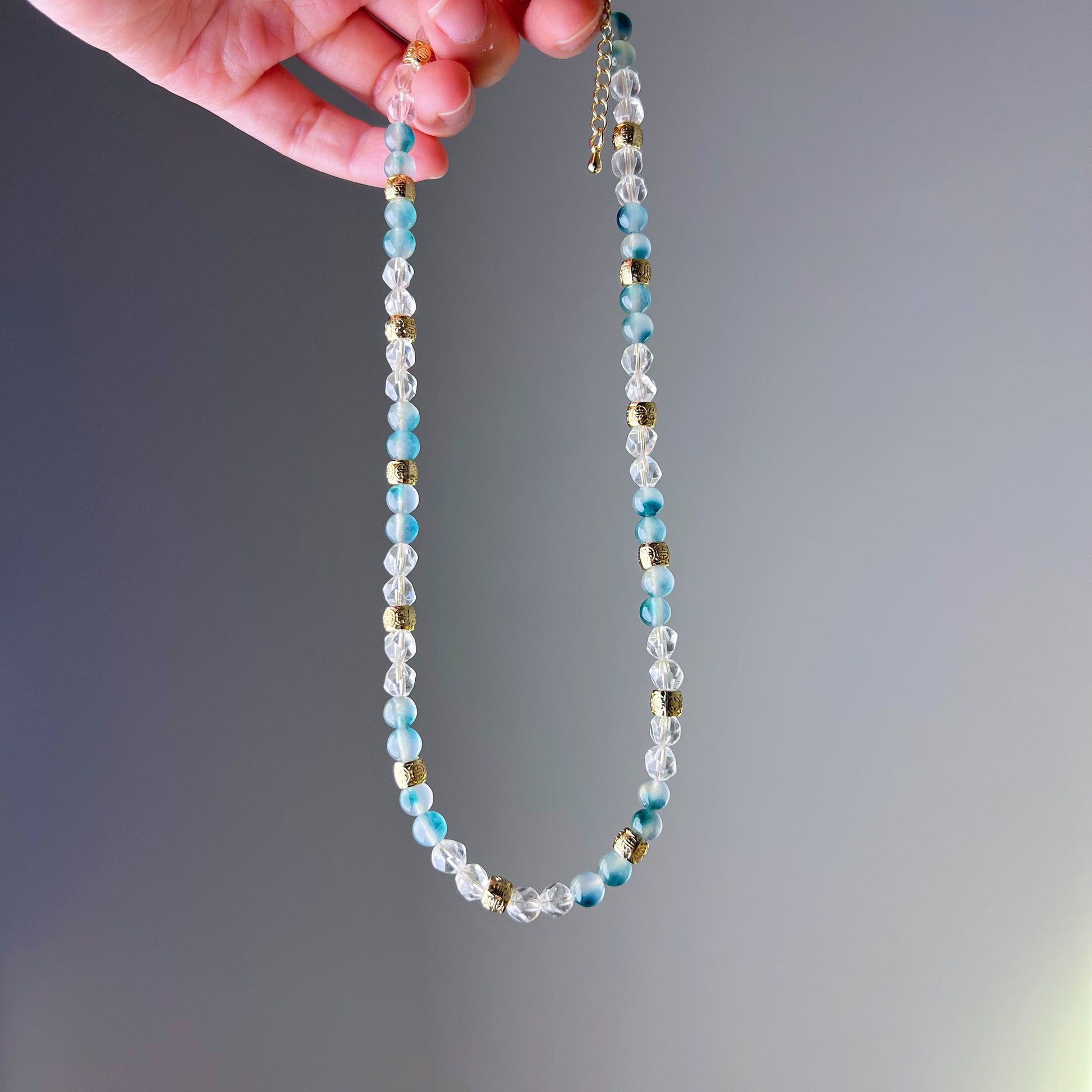 Green Jade and Clear Quartz Crystal Necklace-Ninaouity