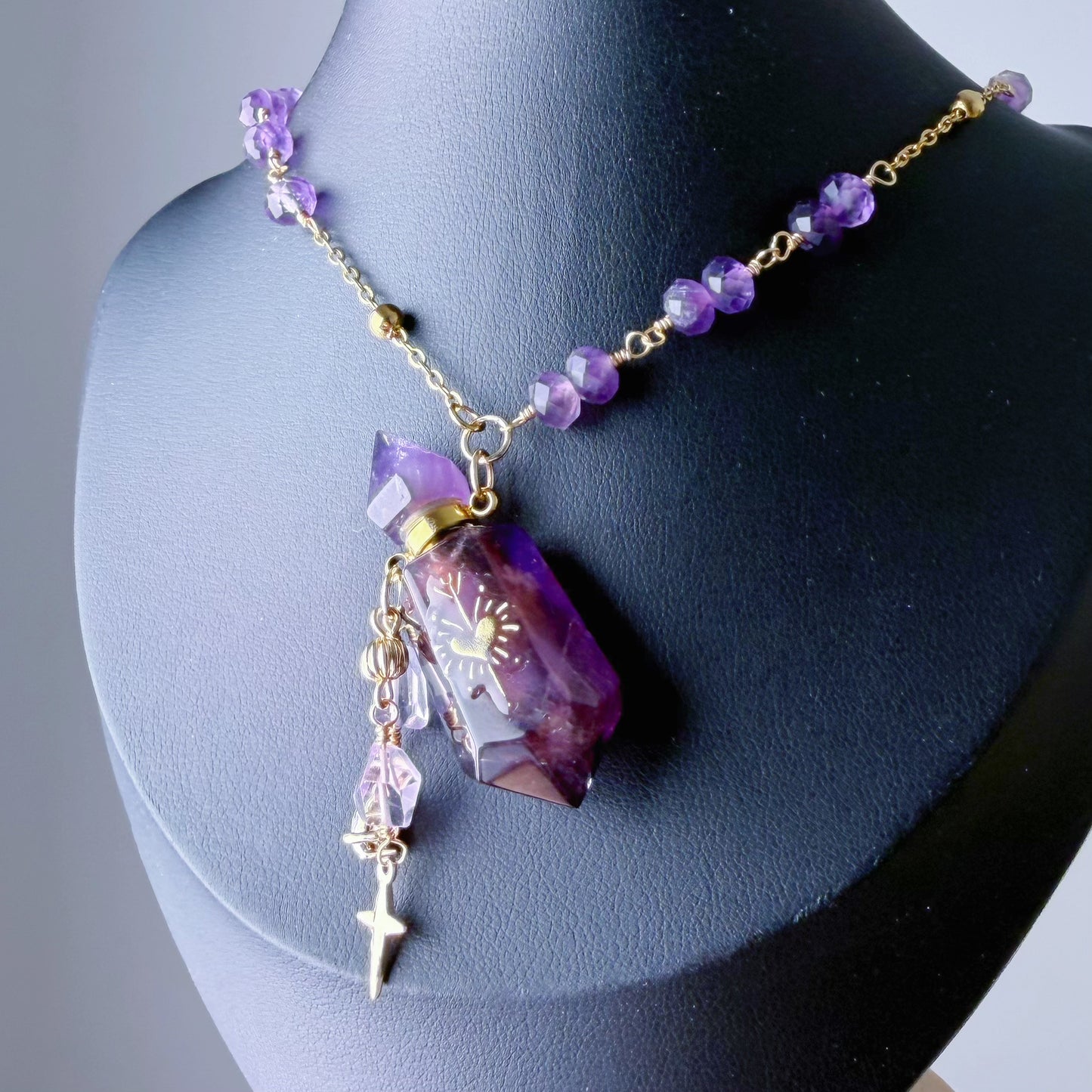 Quartzberry - Natural Amethyst Crystal Perfume Bottle Necklace - One-of-a-kind