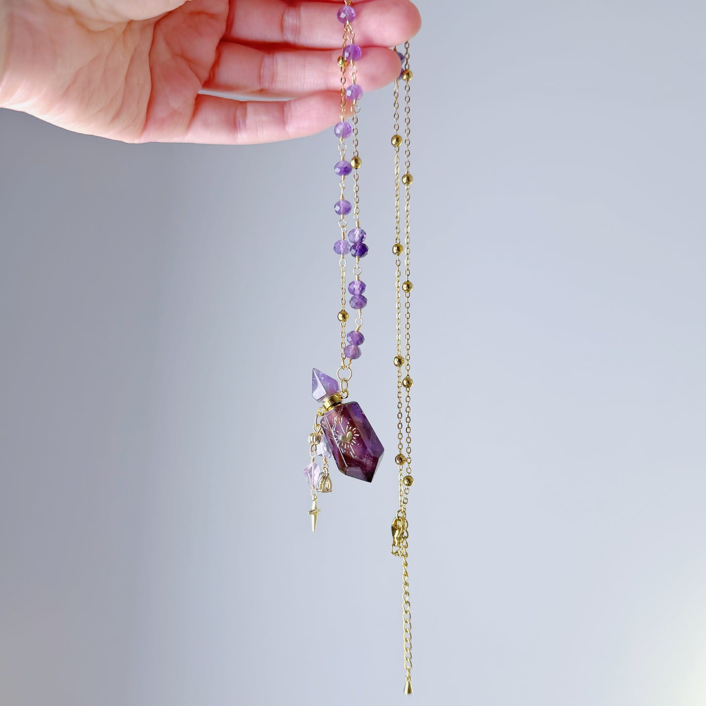 Quartzberry - Natural Amethyst Crystal Perfume Bottle Necklace - One-of-a-kind