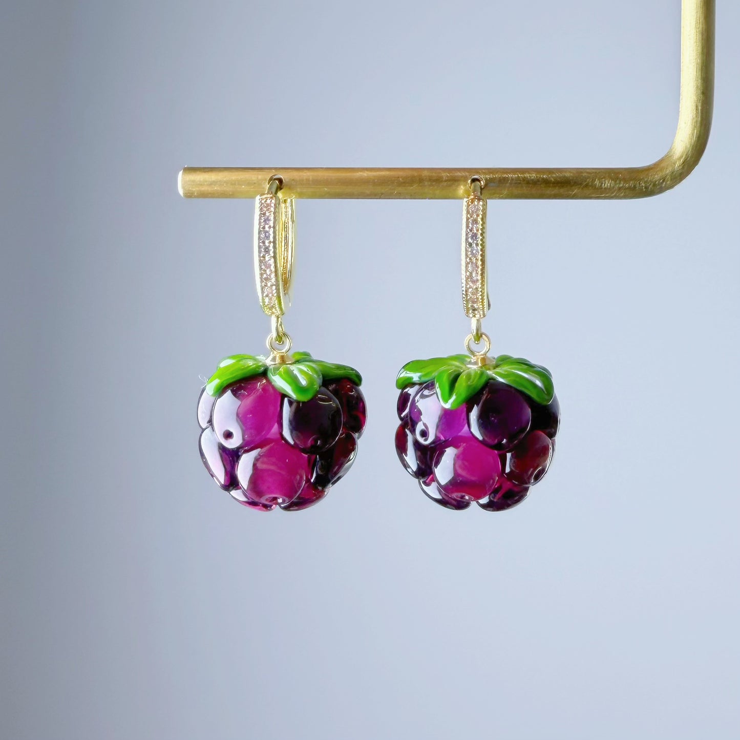 Handmade Lampwork Glass Purple Cloudberries Hoop Earrings
