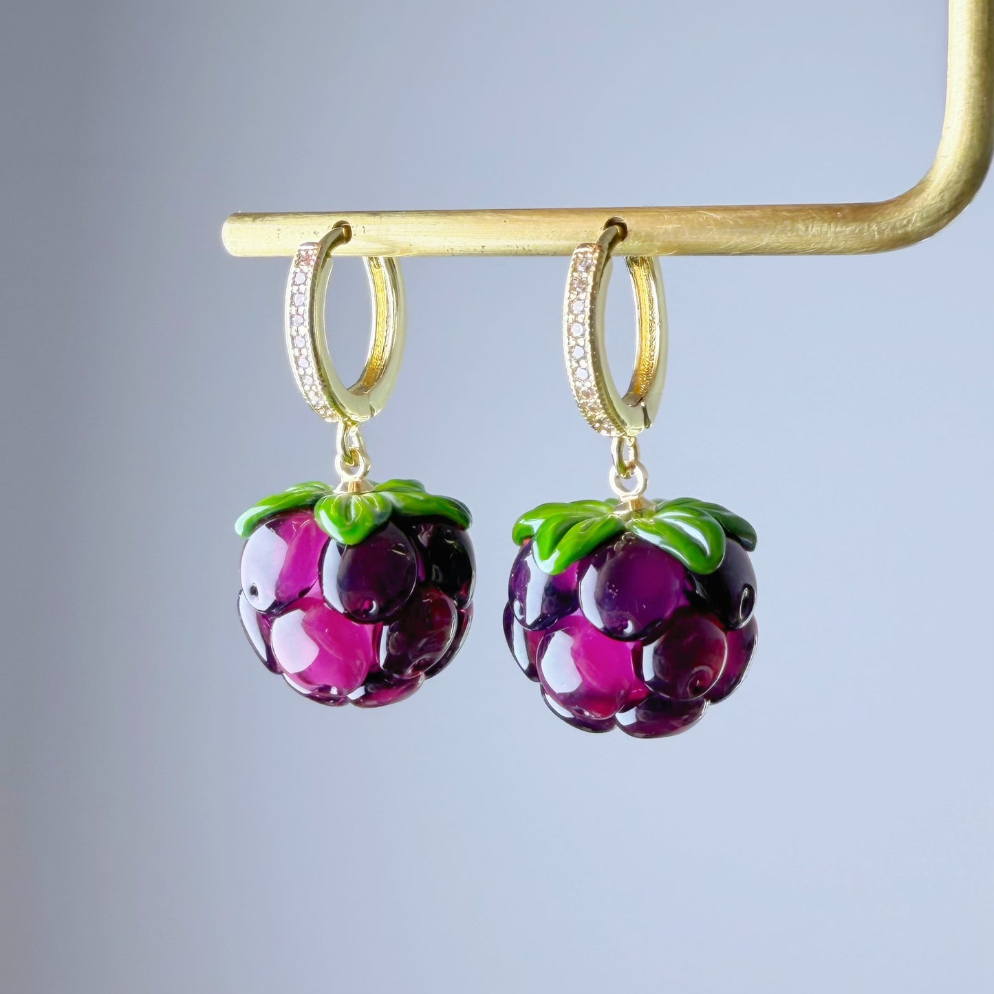 Handmade Lampwork Glass Purple Cloudberries Hoop Earrings
