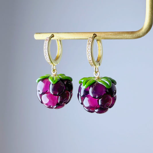 Handmade Lampwork Glass Purple Cloudberries Hoop Earrings