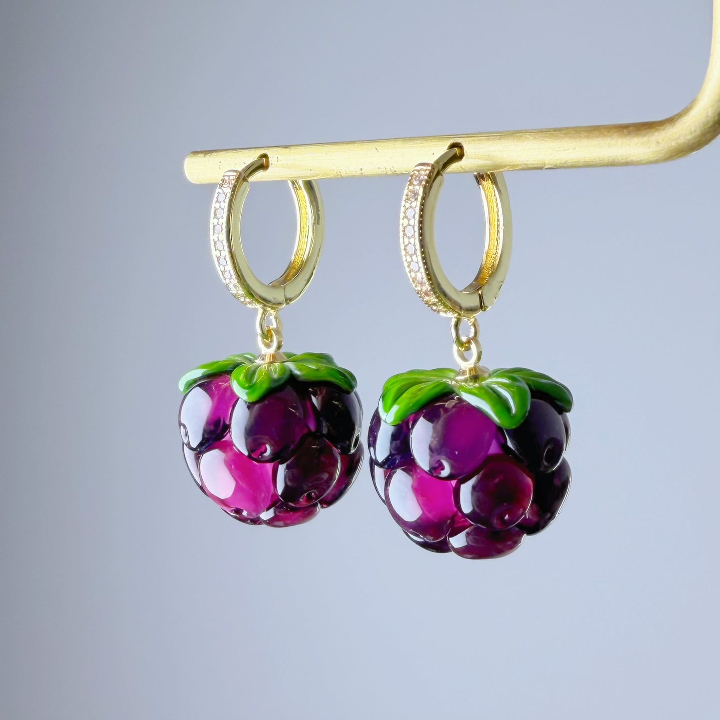 Handmade Lampwork Glass Purple Cloudberries Hoop Earrings