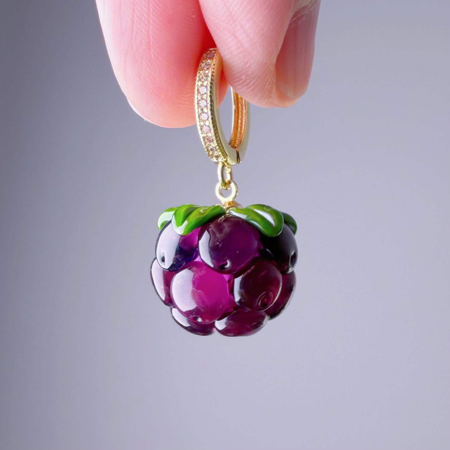 Handmade Lampwork Glass Purple Cloudberries Hoop Earrings
