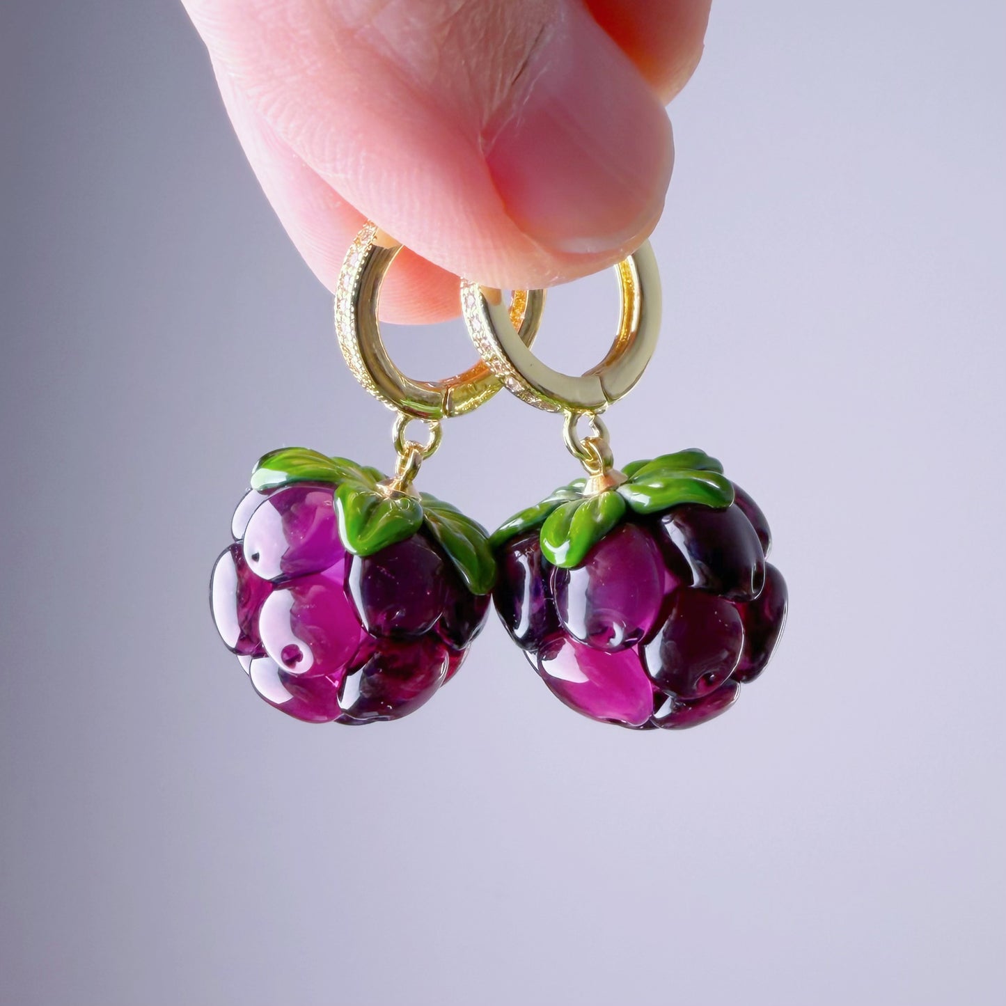 Handmade Lampwork Glass Purple Cloudberries Hoop Earrings
