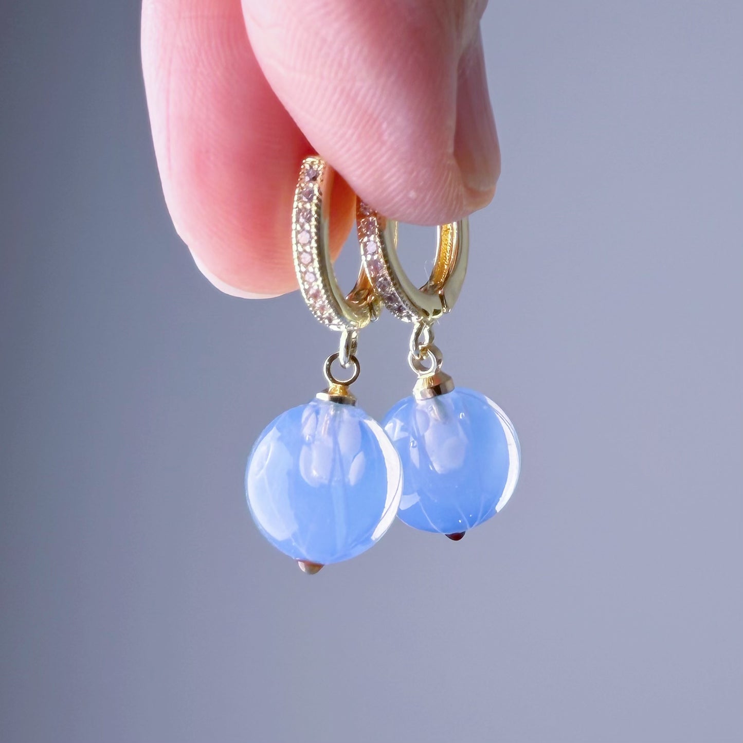Handmade Lampwork Glass Blue Gooseberries Hoop Earrings