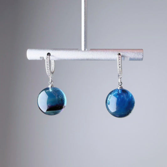 Quartzberry - Natural Blue Green Fluorite Crystal Globes Hoop Earrings - One-of-a-kind