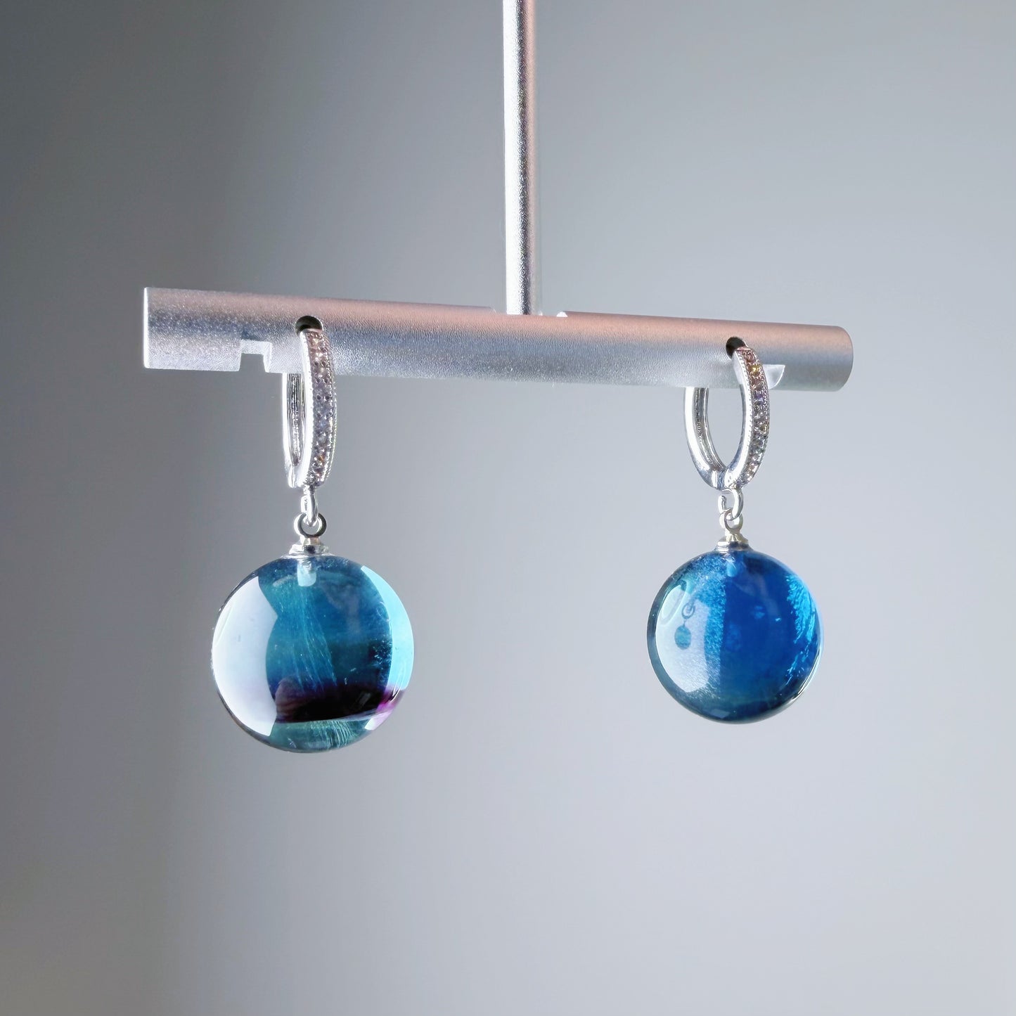 Quartzberry - Natural Blue Green Fluorite Crystal Globes Hoop Earrings - One-of-a-kind