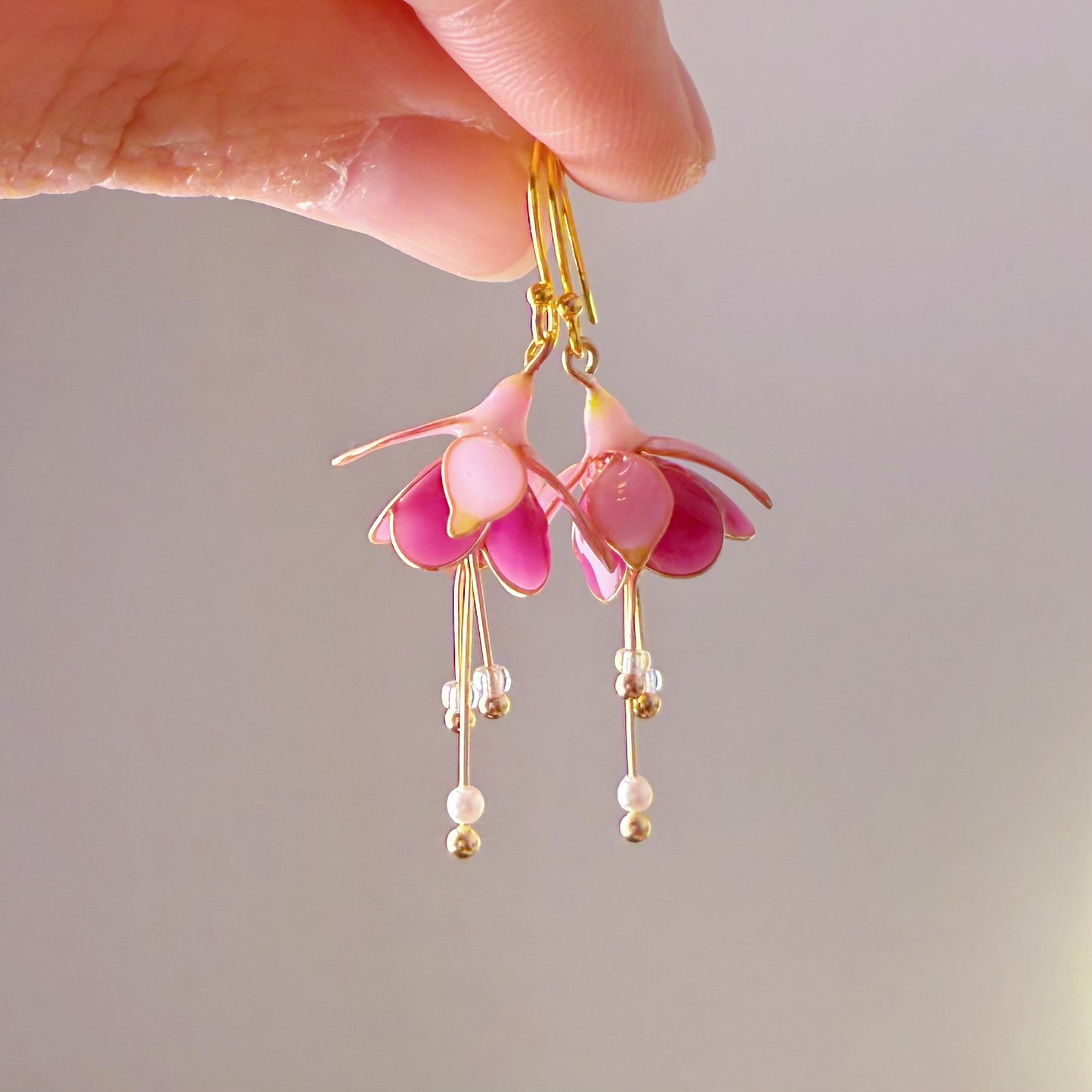 Handmade Pink Fuchsia Garden News Flower Earrings