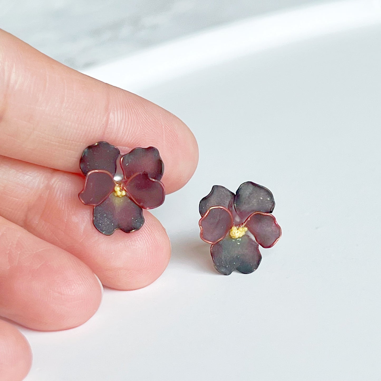 Handmade Spring Black Velvet Pansies Flower Earrings-Ninaouity