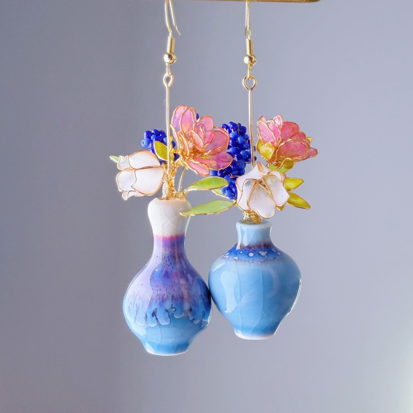 Handmade Pink Roses Grape Hyacinth Lily of the Valley in Ceramic Vase Earrings