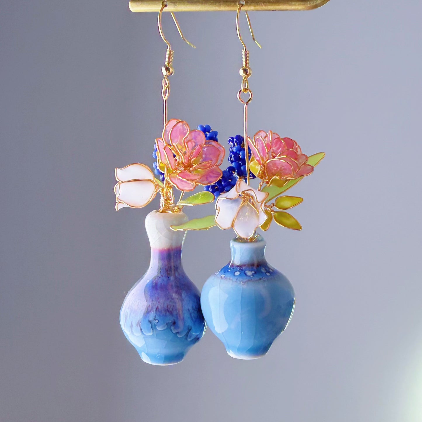 Handmade Pink Roses Grape Hyacinth Lily of the Valley in Ceramic Vase Earrings