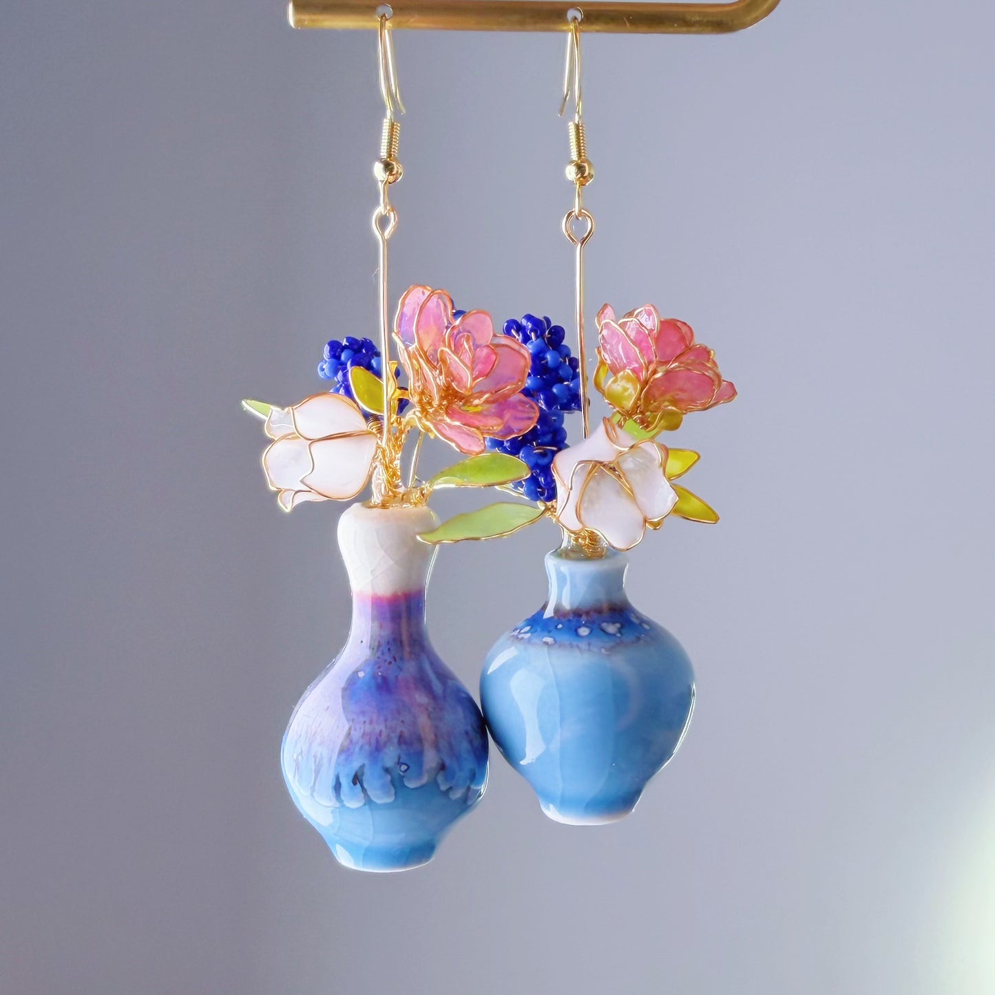 Handmade Pink Roses Grape Hyacinth Lily of the Valley in Ceramic Vase Earrings