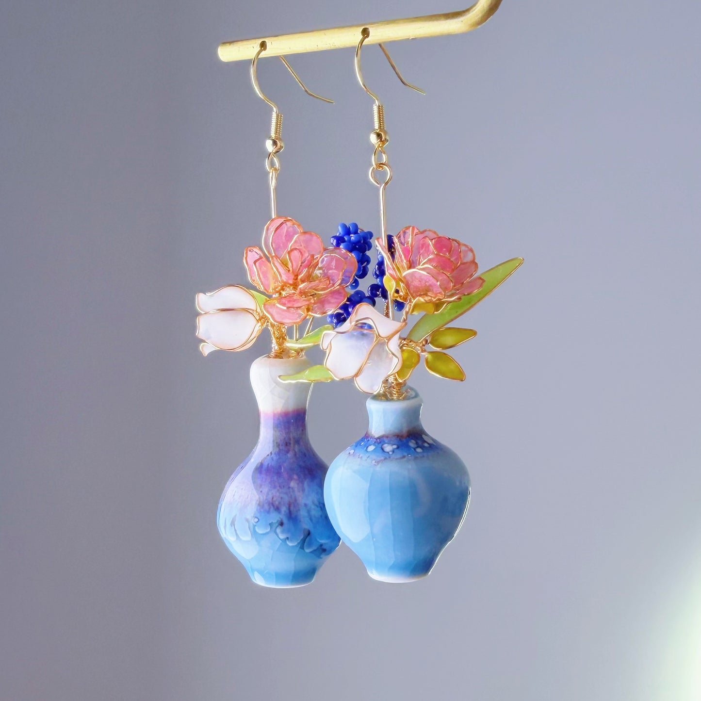 Handmade Pink Roses Grape Hyacinth Lily of the Valley in Ceramic Vase Earrings