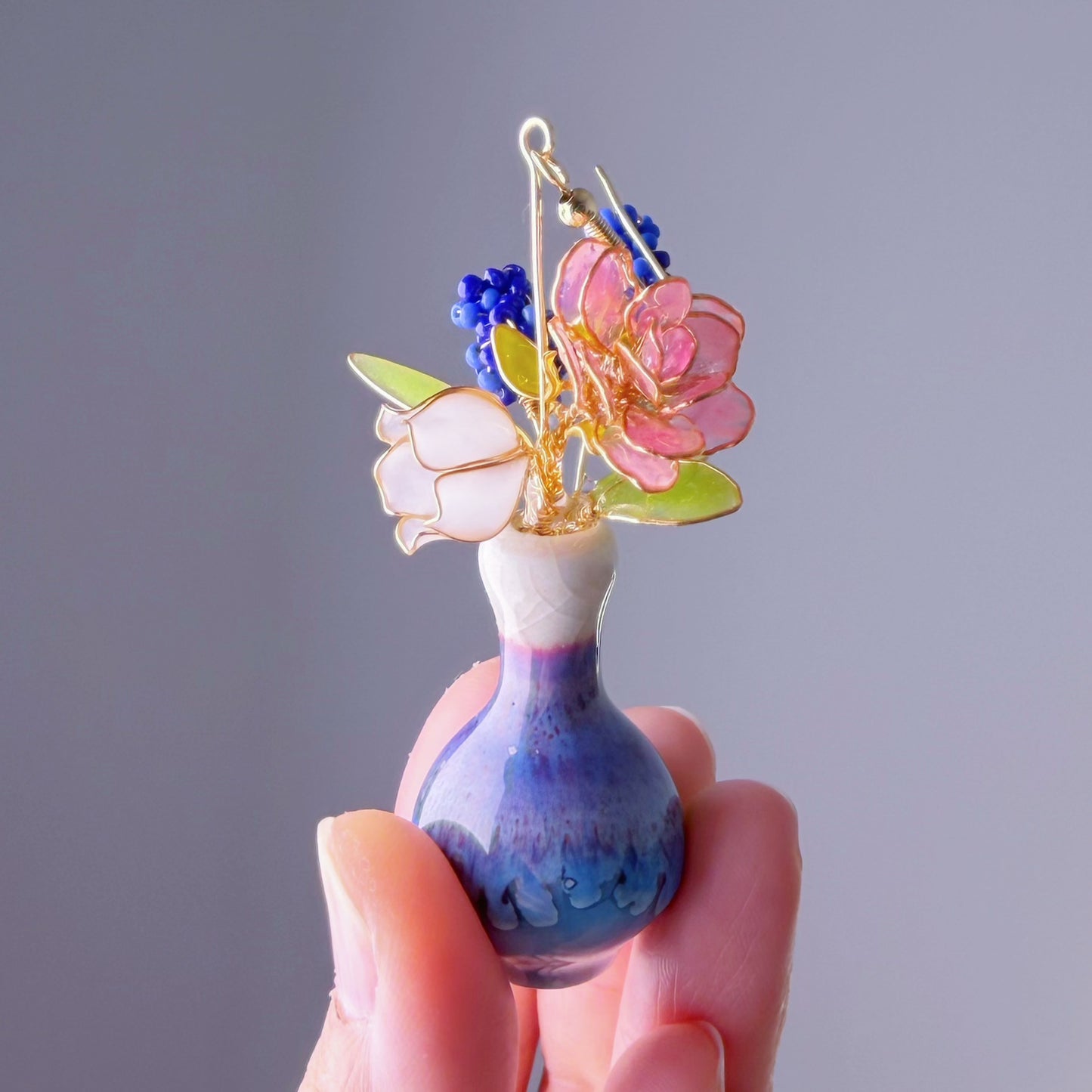 Handmade Pink Roses Grape Hyacinth Lily of the Valley in Ceramic Vase Earrings