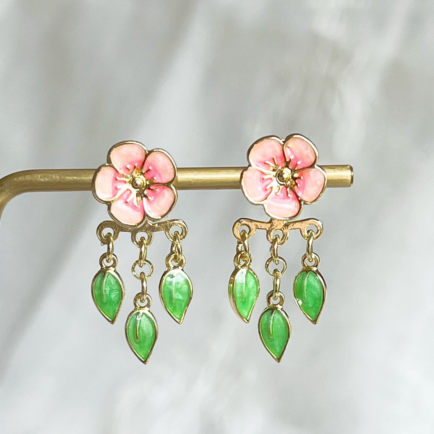 Pink Flower and Leaves Ear Jacket Earrings-Ninaouity