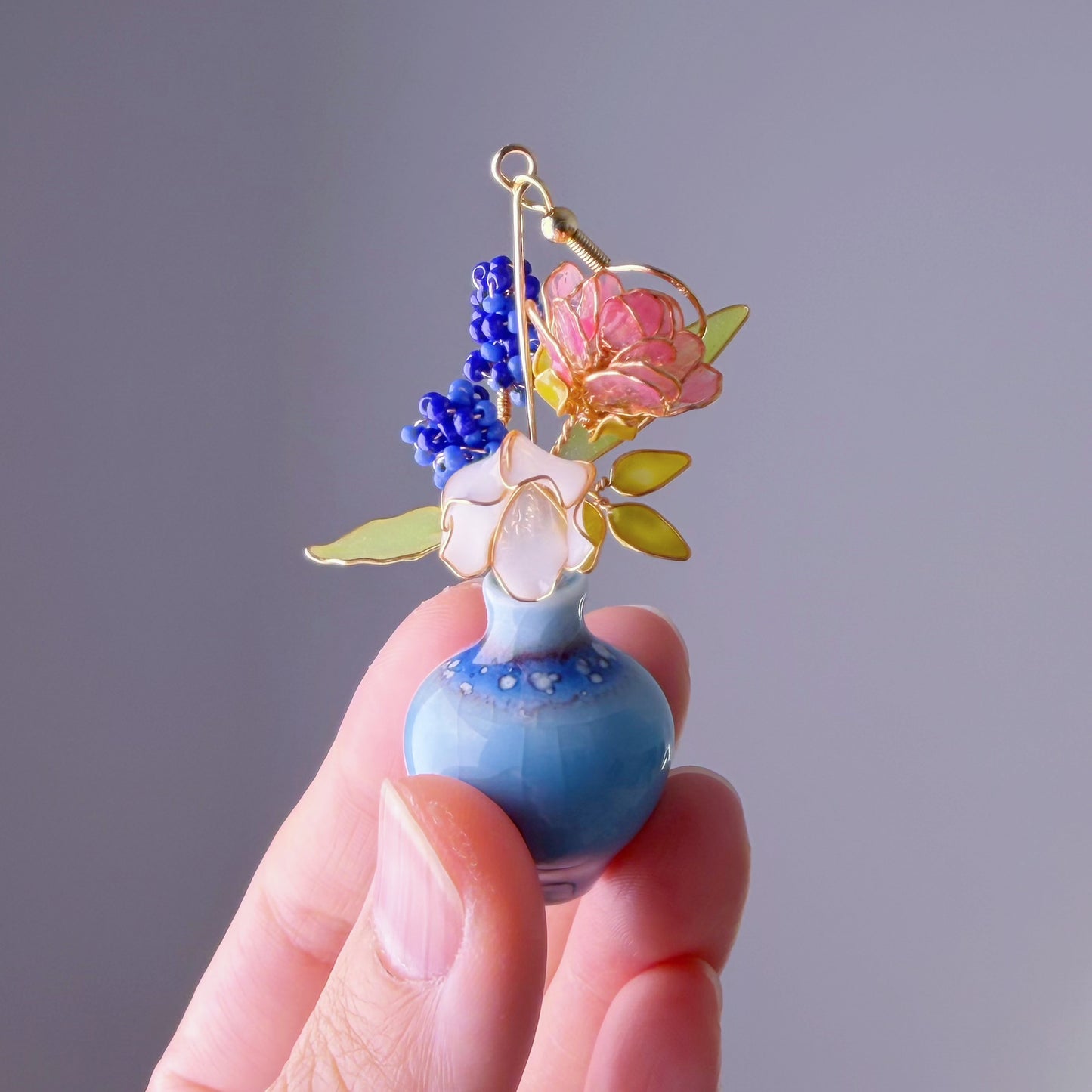 Handmade Pink Roses Grape Hyacinth Lily of the Valley in Ceramic Vase Earrings