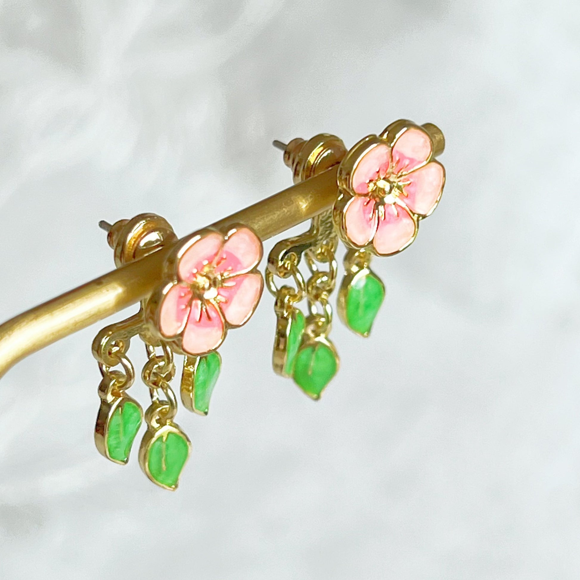 Pink Flower and Leaves Ear Jacket Earrings-Ninaouity