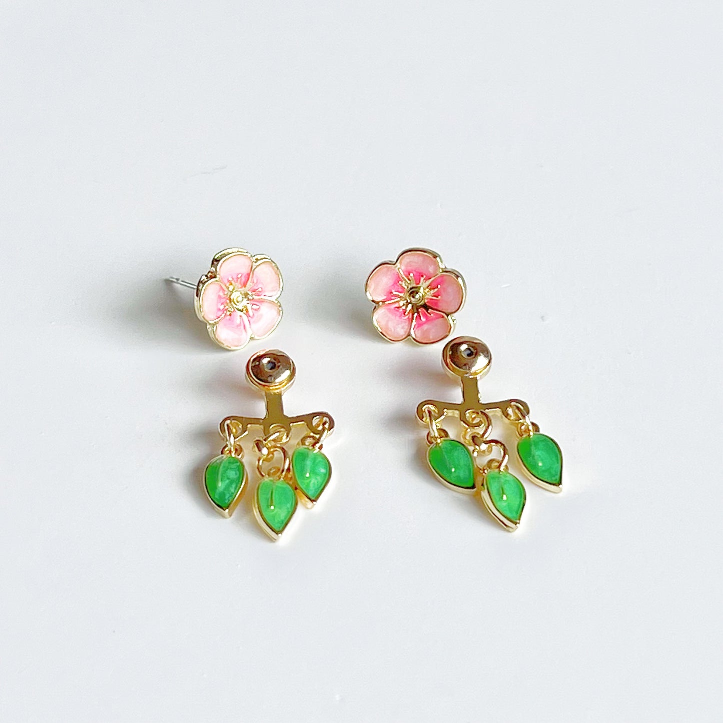 Pink Flower and Leaves Ear Jacket Earrings-Ninaouity