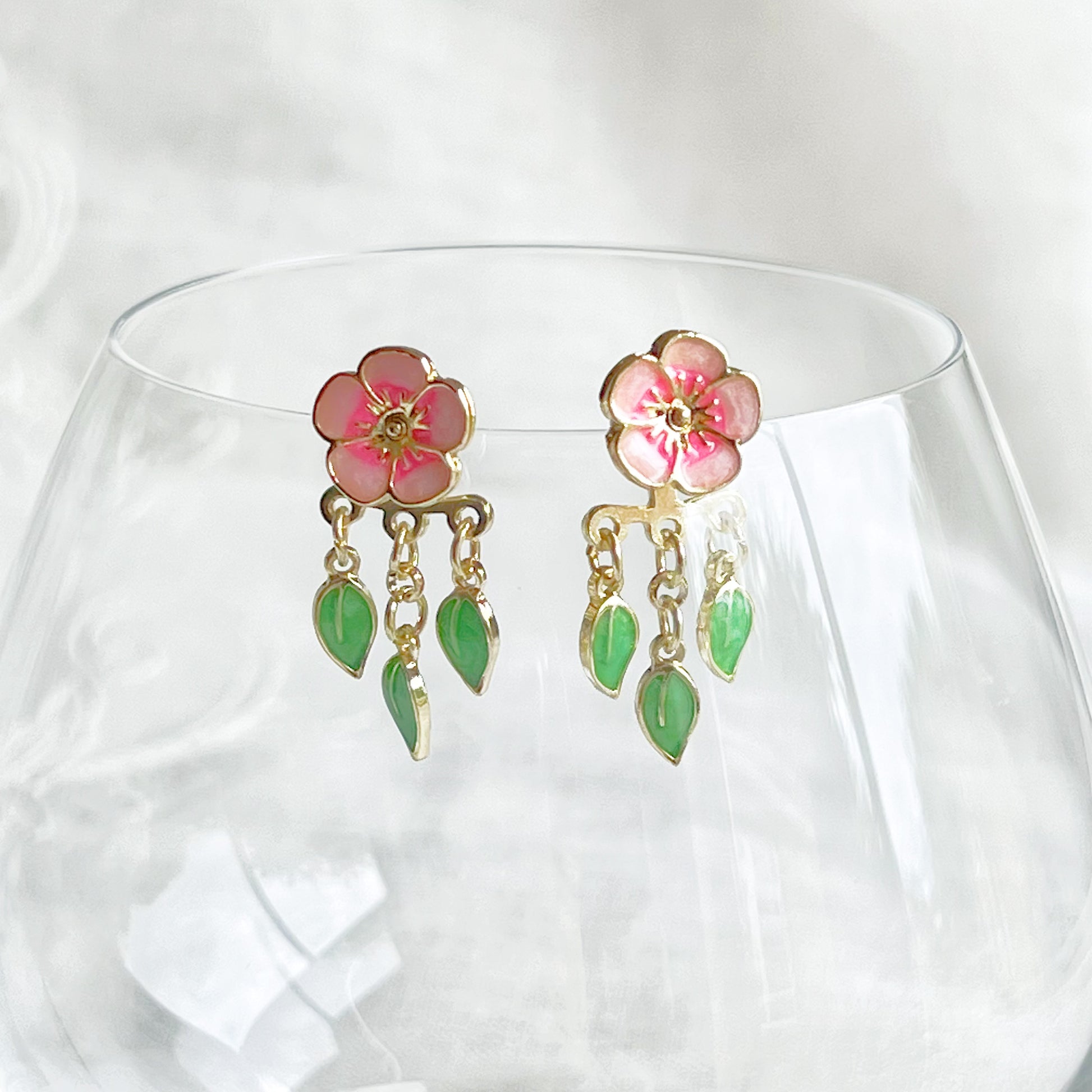 Pink Flower and Leaves Ear Jacket Earrings-Ninaouity