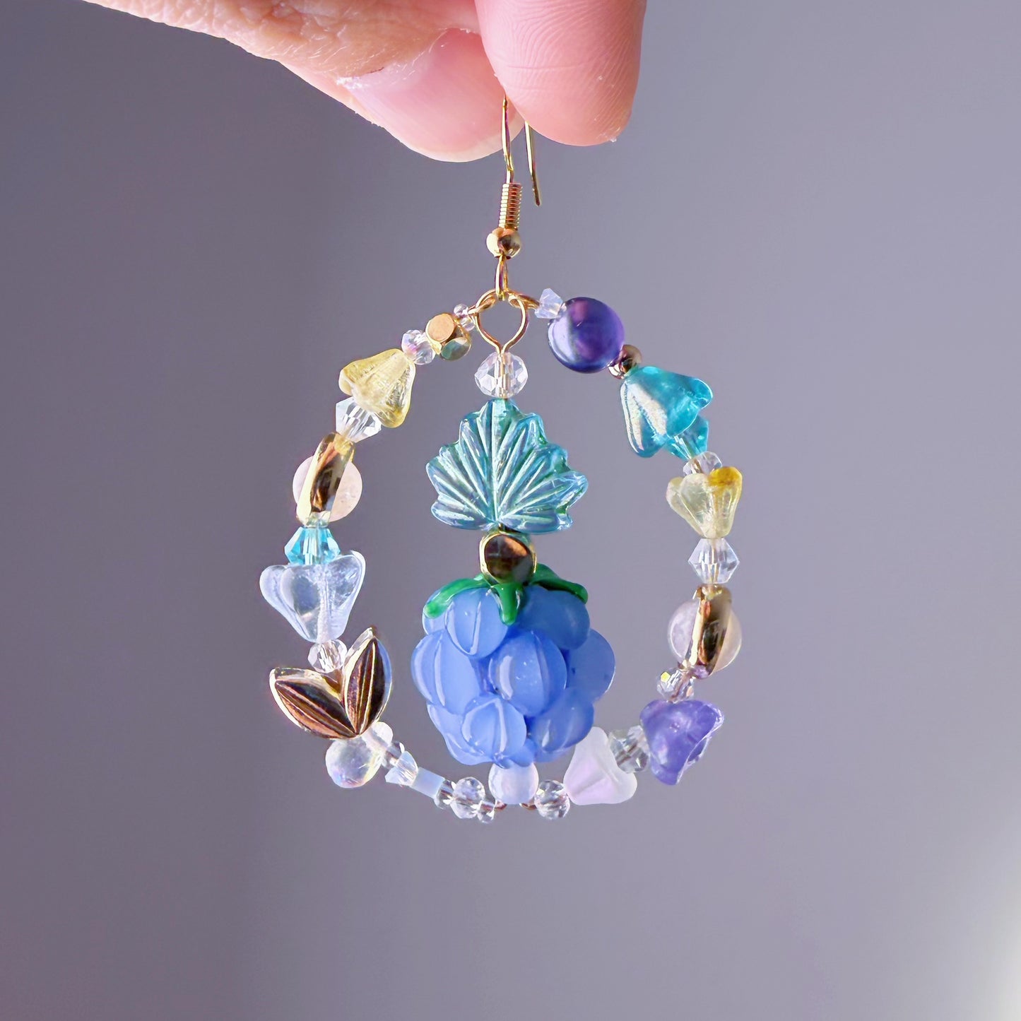 Handmade Blue Raspberries and Flowers Lampwork Glass Beads Mismatch Earrings