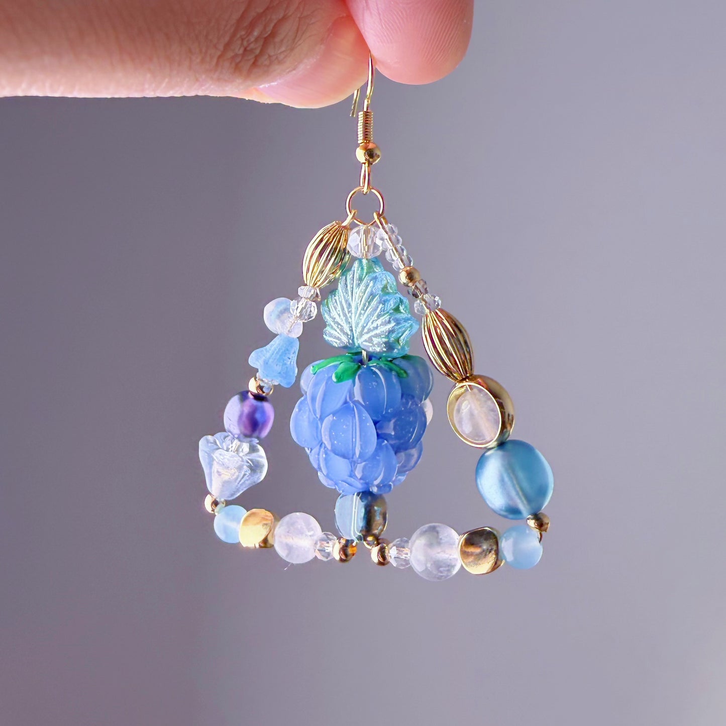 Handmade Blue Raspberries and Flowers Lampwork Glass Beads Mismatch Earrings