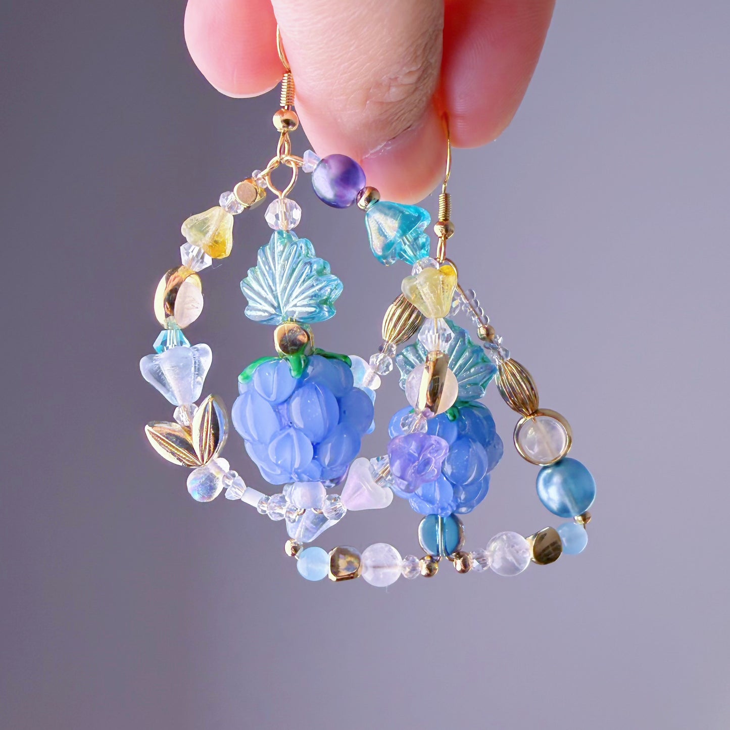 Handmade Blue Raspberries and Flowers Lampwork Glass Beads Mismatch Earrings