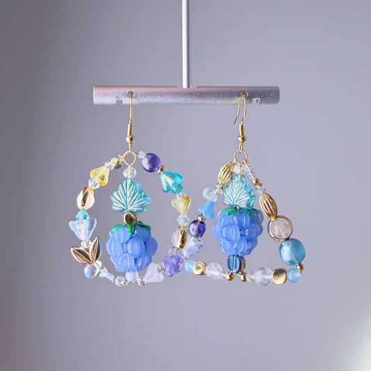 Handmade Blue Raspberries and Flowers Lampwork Glass Beads Mismatch Earrings