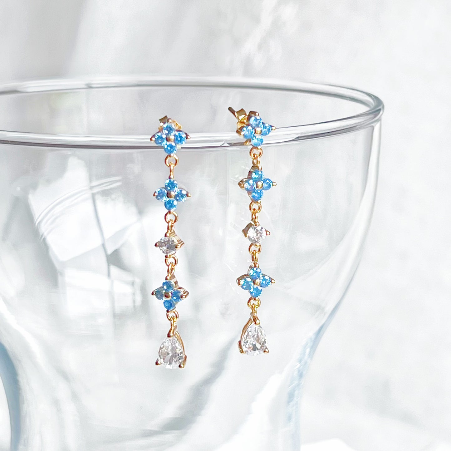 Mini Blue Crystal Flowers Drop Earrings-Ninaouity