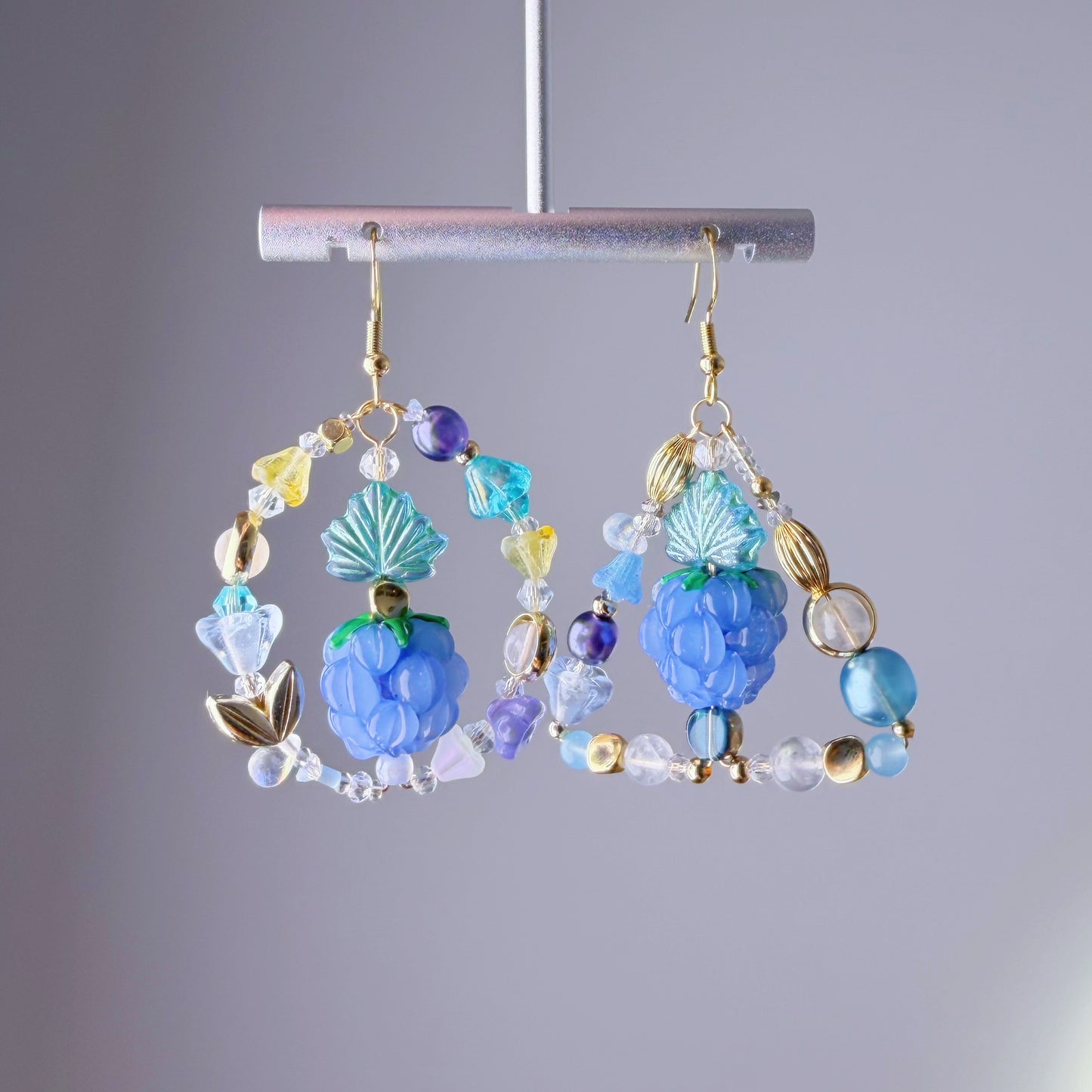 Handmade Blue Raspberries and Flowers Lampwork Glass Beads Mismatch Earrings