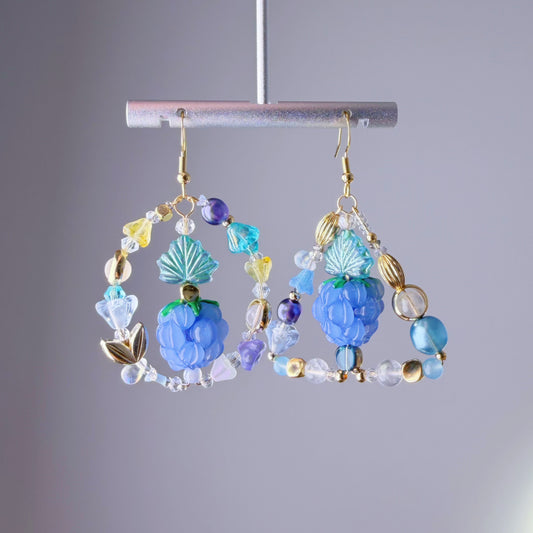 Handmade Blue Raspberries and Flowers Lampwork Glass Beads Mismatch Earrings